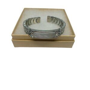 Vintage Monet Silver Tone Cuff Bracelet With Mother Of Pearl & Rhinestones